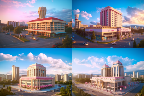 冰淇淋材质建筑，梦幻风格，柔和光线，城市背景，长焦镜头，低饱和度，甜腻色彩，微笑表情，愉悦情感。