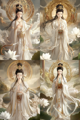 a serene scene featuring guanyin, the bodhisattva of compassion. she stands gracefully in traditional east asian attire, wearing a white silk robe adorned with intricate gold thread patterns, flowing gently in the soft breeze. her head is crowned with a delicate lotus tiara, each petal embedded with shimmering jewels reflecting radiant light, wrapped at the base with a fine silk ribbon swaying gently. her face is smooth as jade, with crescent-shaped eyebrows and deep, gentle eyes that convey warmth and understanding. a serene, compassionate smile graces her lips. in her right hand, she holds a crystal-clear, elongated-neck bottle containing fresh nectar, emitting a faint, refreshing fragrance. in her left hand, she gently grasps a vibrant green willow branch, symbolizing resilience and wisdom. she stands amidst a large lotus pond, surrounded by pure white lotus blossoms emanating a gentle, calming scent. the pond's crystal waters reflect her image against a backdrop of blue skies. surrounding her are ethereal, swirling clouds, with soft sunlight filtering through, creating a mystical, divine aura. the background features distant rolling green hills and a meandering stream, adding a tranquil and majestic sense to the scene, evoking a harmonious blend of peace and spirituality