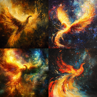 巨型凤凰，宇宙洪荒，炽烈火羽，星河璀璨，幻影迷离，神话传说，震耳欲聋，唤醒万物，深邃黑暗，光明圣洁，极致对比，神秘莫测，无尽力量，宇宙奇观