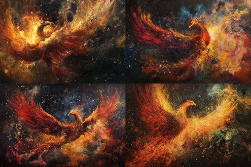 巨型凤凰，宇宙洪荒，炽烈火羽，星河璀璨，幻影迷离，神话传说，震耳欲聋，唤醒万物，深邃黑暗，暖色调，光明圣洁，极致对比，神秘莫测，无尽力量，宇宙奇观