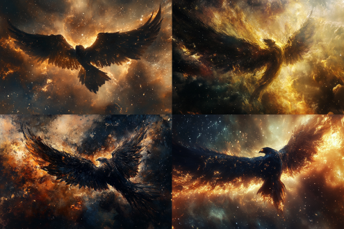 巨型天帝，宇宙洪荒，炽烈火羽，星河璀璨，幻影迷离，神话传说，震耳欲聋，唤醒万物，深邃黑暗，暖色调，光明圣洁，极致对比，神秘莫测，无尽力量，宇宙奇观