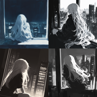 白色长发，个子矮小，约12岁的女孩，坐在高楼窗边看外面的风景，要求视角是背影，黑白图片，黑夜，人物在画面左下角并且占整体的约五分之三，绘画的线条清晰，明暗分明