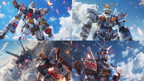 神高达在机动武斗大会中战斗，驾驶员身穿机甲服装，cg渲染图，32k广角镜头，高保真，蓝天背景，壮观动作，金属质感，火焰效果，紧张氛围。