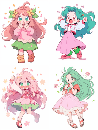 长发戴粉花绿裙小女孩，白背景动态姿势，表情快乐撒娇，粗犷漫画粉笔风，f/64团体风格，可爱简约，展现个性，–ar 4:3 –s 400 –niji 5