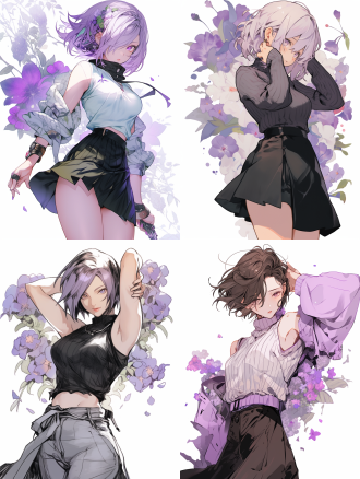 短发戴紫花小女孩着皮裙，动态姿势、快乐撒娇，白背景，粗犷漫画线条简约画风，粉笔效果，f/64风格，可爱个性，–ar 4:3 –s 400 –niji 5