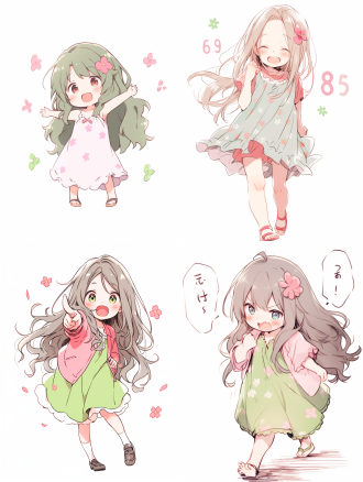 小女孩长发戴粉色花朵，绿裙，粗犷漫画线条，简约画风，动态姿势，白背景，f/64团体风格，表情快乐、撒娇，粉笔效果，可爱风格，展现个性，老笑话核心，–ar 3:4 –s 250 –niji 5 –s 400 –可爱风格，服装细节，–niji 5 –aspect 4:3 –fast –stylize 400。