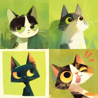 猫可爱卖萌，纯色背景，三分法构图，水墨卡通风扁平风，冷色，特写顶光，静态诙谐，可爱表情，绿色点缀。