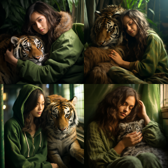 女孩::2，老虎，自然环境，温馨氛围，女孩穿着休闲装，微笑，老虎温顺，长焦镜头，柔和光线，亲密互动，和谐共处，绿色背景，温暖色调。
