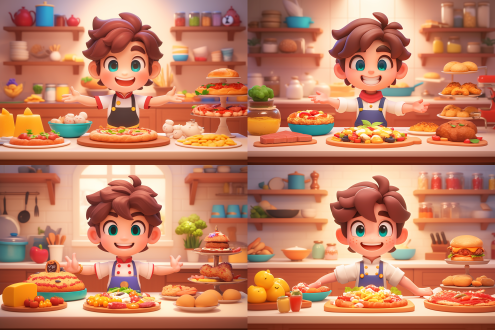 q版中华小当家，制作美食，厨房背景，桌上摆满美食，明亮光线，近景镜头，自然光，动态捕捉，专注表情，丰富色彩，热情氛围，细节清晰，高饱和度，温馨场景，手势动作，食材多样，烹饪过程，幸福感。