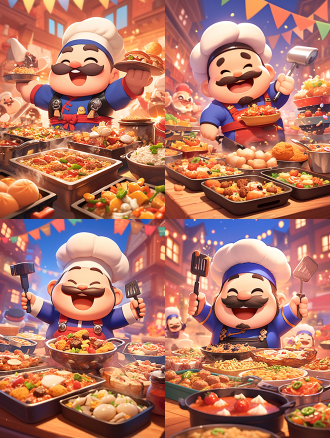 中华小当家直播美食制作，厨房背景，桌上摆满美食，明亮厨房，自然光，广角镜头，鲜艳色彩，细节丰富，专注表情，厨师装，热情洋溢，香气四溢。