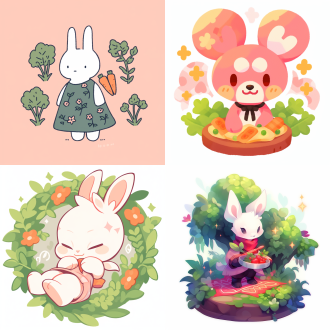 卡通粉色兔子，花朵连衣裙，胡萝卜地，平面设计风格，插图，动物肖像，明亮色彩，简洁线条，正面视角，柔和光线，拔萝卜动作，温馨氛围。