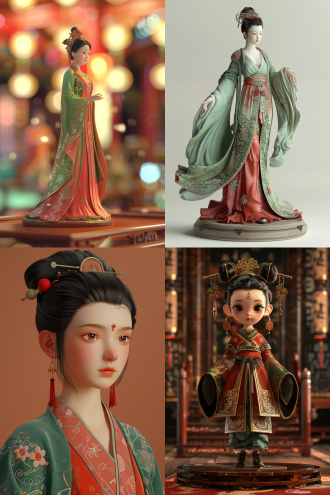唐代少女雕像，圆脸胖身，唐装红绿，怀旧风格，夸张音乐卷，温润光泽，dolly kei，温柔表情，3d渲染，oc渲染，8k画质，正面高光，细腻质感，怀旧色彩，古典氛围，柔和光线，静态美。