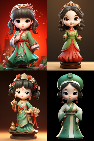 q版唐人雕像，唐代少女，圆脸胖胖，唐装穿着，夸张中国音乐卷，红绿相间，温润，dolly kei，温柔表情，光泽细腻，3d渲染，oc渲染，8k画质，前照明，怀旧风格，可爱，细腻，温暖，复古，艺术感。
