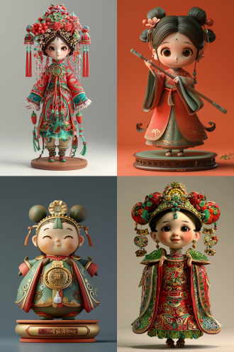 q版唐人雕像，唐代少女，圆脸胖胖，唐装穿着，夸张中国音乐卷风格，红绿相间，温润，dolly kei，温柔表情，细腻光泽，盲盒手办风格，3d渲染，oc渲染，8k画质，明亮前照明，怀旧风格，可爱造型，传统服饰，鲜艳色彩，柔和光线，立体感，细节丰富。