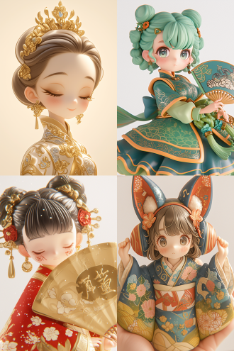 q版唐人雕像，唐代少女，圆脸胖身，唐装舞蹈，夸张中国音乐卷，红绿温润，dolly kei，温柔表情，光泽细腻，盲盒手办，明亮背景，3d渲染，oc渲染，8k画质，前光照明，q版风格，圆润造型，唐风服饰，舞蹈姿态，中国元素，鲜艳色彩，复古风格，柔和表情，细腻质感，手办模型，高亮背景，三维渲染，光学渲染，超高清画质，正面照明。