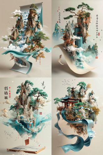 中国风情，卷轴中的3d绿松石山水画，漂浮在空中的卷轴，精致，中国古代极简主义，宏观透视，3d，超高渲染，超现实细节，奇幻，高分辨率和超高清，绿松石色调，极简构图，宏观视角，超现实渲染，奇幻元素，高分辨率，超高清，精致细节，中国古代风格，空中悬浮，卷轴展开。