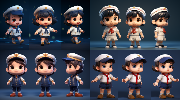 三视图，小男孩穿水手服，盲盒手办，卡通风格，可爱表情，正面侧面背面，明亮色彩，柔和光线，细节丰富，儿童服装，天真无邪，欢乐氛围。3d渲染，oc渲染，8k画质，前光照明。