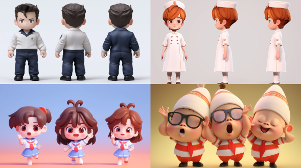 三视图，全身，正面，侧面，背面，卡通ip，小男孩穿水手服，盲盒手办，卡通风格，可爱表情，干净背景，pop mart，pixar，ip盲盒，粘土材料，柔和颜色，工作室灯光，octane render，3d，c4d，超高清8k，细节丰富，色彩鲜艳，立体感强，光线均匀，表情生动，造型简洁，质感逼真，视觉冲击力强。