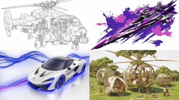 未来飞行汽车设计图，3d彩色主体，黑白粗线轮廓，白色背景，现代车外观，无人机式旋翼，流线型，光滑曲线，未来感，车顶或侧边集成旋翼，清晰可见，尺寸标注，8k高清，3:4比例，niji 6风格。