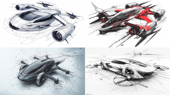 未来飞行汽车设计图，3d彩色主体，黑白粗线轮廓，白色背景，现代车外形，无人机旋翼，设计蓝图风格，高对比度，细节丰富，科技感，创新设计。