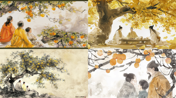 家人在柿子树下乘凉，爷爷、奶奶、儿子、女儿，特写，冯子恺风格，极简主义，线描，中国水墨，芥末色，古白色纸背景，3:4比例，原始风格，第六版，近距离，自然光，温馨，和谐，家庭团聚。