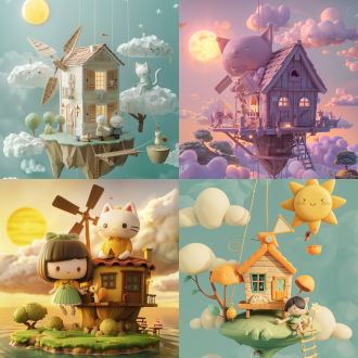 猫头形状木屋悬浮岛屿，女孩与小猫相伴，发电风车旋转，太阳云朵点缀，梦幻可爱空中景观，3d立体，c4d建模，oc渲染器呈现，插画风格，饱满色彩，柔和光线，广角镜头，仰视视角，温馨氛围，童趣表情。 天空 梦幻云彩 汇聚线构图