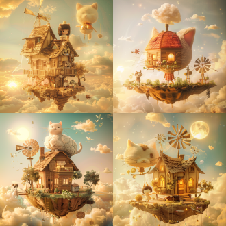 猫头形状木屋，悬浮岛屿，女孩与小猫相伴，发电风车旋转，空中花园，太阳云朵点缀，梦幻可爱，c4d，oc渲染器，空中景观，饱满构图，柔和光线，广角镜头，暖色调，温馨，童话氛围。天空，梦幻云彩，汇聚线构图。 梦境 皮克斯