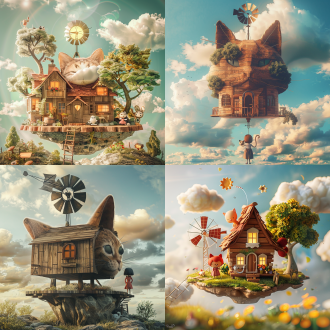 猫头形状木屋，悬浮岛屿，女孩与小猫相伴，发电风车旋转，空中花园，太阳云朵点缀，梦幻可爱，c4d，oc渲染器，空中景观，饱满构图，柔和光线，广角镜头，暖色调，温馨，童话氛围，天空，梦幻云彩，汇聚线构图，梦境，皮克斯。