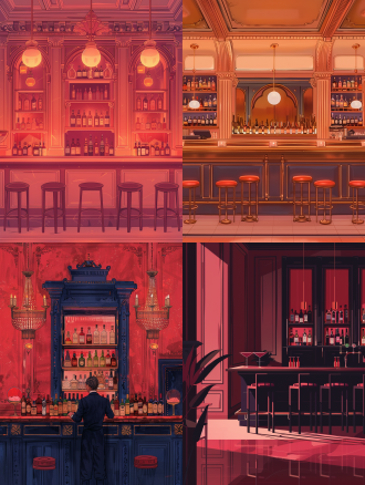 插画风格，扁平设计，极简主义，封面艺术，布达佩斯大饭店，酒店内酒吧吧台，清晰细节，4k分辨率，柔和光线，对称构图，暖色调，艺术感，超高清。