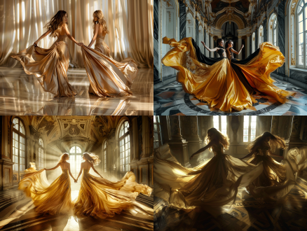 双子女神双胞胎，一女浅发一女深发，金色丝质长裙，曲线优美，地板拖曳，舞蹈，对称构图，柔和光线，宫廷风格，广角镜头，优雅动作，金色与黑色对比，神秘与和谐。