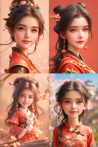 q版女孩，圆脸，盲盒手办风格，卡通，红色汉服，明亮的大眼睛，肖像特写，c4d，oc渲染器，樱花背景，粉色汉服，自然光，柔和色调，特写镜头，樱花飘落，微笑，优雅，春天，浪漫。 正视 光追反射 迪士尼