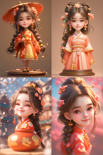 q版女孩，圆脸胖身，盲盒手办风格，泡泡玛特，红色汉服和粉色汉服，大眼睛微笑，樱花背景，春天浪漫氛围，樱花飘落，动感，c4d，3d，oc渲染器，高质量3d渲染，8k，细节丰富，画质清晰，前光照明，自然光柔和色调，温馨和谐场景，正视视角，面部表情细节，光追反射技术，真实感深度，迪士尼风格。