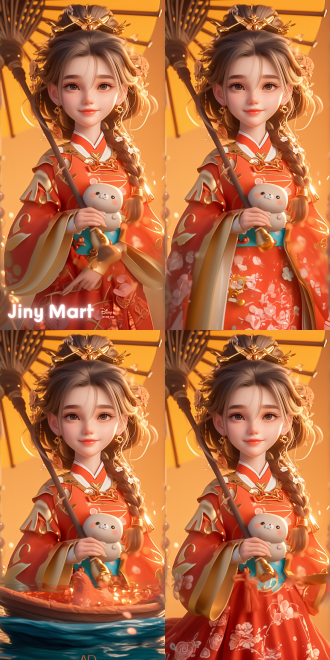 q版女孩，圆脸胖身，盲盒手办风格，泡泡玛特，红色汉服，粉色汉服，大眼睛，微笑，优雅气质，樱花背景，春天浪漫氛围，樱花飘落，动感，c4d，3d，oc渲染器，高质量3d渲染，8k，细节丰富，画质清晰，前光照明，自然光，柔和色调，温馨和谐场景，正视视角，面部表情细节，光追反射技术，真实感，深度，迪士尼风格。