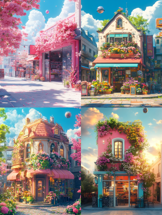 3d动漫风格，彩色城市，粉彩建筑，街角咖啡店，粉色绿色蓝色天空，未来设计元素，花店前美丽花朵，柔焦，晴天，云朵，房屋上空小飞行球，鲜艳色彩，阳光穿透云层，超真实渲染，建筑摄影风格，高细节插图，现实照片。