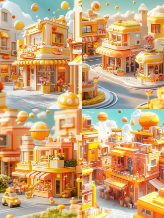 3d动漫风格，彩色城市，粉彩建筑，街道咖啡馆，绿蓝天空，未来设计元素，花店前美丽花朵，柔焦，晴天，云朵，房屋上空小飞行球，鲜艳色彩，阳光穿透云层，超真实渲染，建筑摄影风格，高细节插图，现实照片。