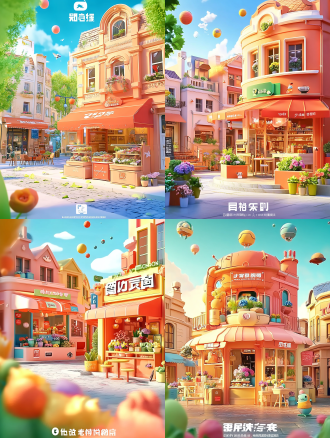 3d动漫风格，彩色城市，粉彩建筑，街道咖啡馆，绿蓝天空，未来设计元素，花店前美丽花朵，柔焦，晴天，云朵，房屋上空小飞行球，鲜艳色彩，阳光穿透云层，超真实渲染，高细节插图，建筑摄影风格，真实照片。