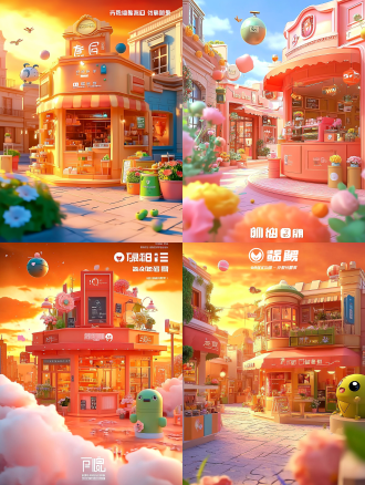 3d动漫风格，彩色城市，粉彩建筑，咖啡店，红橙天空，未来设计元素，花店，美丽花朵，软焦点，晴天，云朵，小飞行球体，鲜艳色彩，阳光穿透云层，超现实渲染，高细节插图，建筑摄影，真实照片。