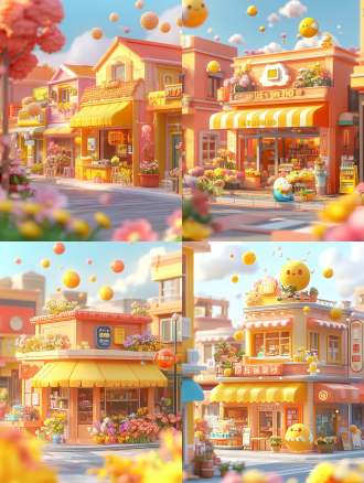 3d动漫风格，彩色城市，粉彩建筑，街角咖啡店，红橙天空，未来设计元素，花店前美丽花朵，软焦点，晴天，云朵，房屋上空小飞行球，鲜艳色彩，阳光穿透云层，超现实渲染，高细节插图，建筑摄影风格，真实照片效果。