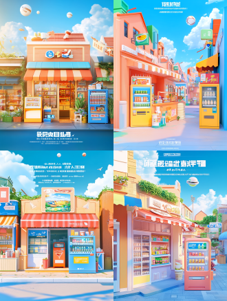 3d动漫风格，彩色城市，粉彩建筑，街角咖啡店，蓝绿色天空，未来设计元素，便利店前饮料自动贩卖机，柔焦效果，晴天，云朵，房屋上空小飞行球体，鲜艳色彩，阳光穿透云层，超真实渲染，建筑摄影风格，高度细节插图。