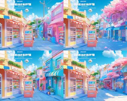 3d动漫风格，彩色城市，粉彩建筑，街角咖啡店，蓝绿色天空，未来设计元素，便利店前饮料自动贩卖机，柔焦效果，晴天，云朵，房屋上空小飞行球体，鲜艳色彩，阳光穿透云层，超真实渲染，建筑摄影风格，高度细节插图。