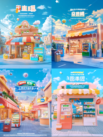 3d动漫风格，彩色城市，粉彩建筑，咖啡店街道，蓝绿色天空，未来设计元素，便利店饮料贩卖机，柔焦，晴天，云朵，小飞行球，鲜艳色彩，阳光穿透云层，超真实渲染，高细节建筑摄影风格。