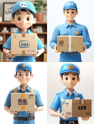 3d粘土风格，卡通，年轻男性快递员，蓝色衬衫，帽子，手拿快递箱，白色背景，柔和光线，c4d，oc渲染器，高度细节插图，扁平化设计，明亮色彩，微笑表情，正面视角，细腻纹理，温馨氛围。