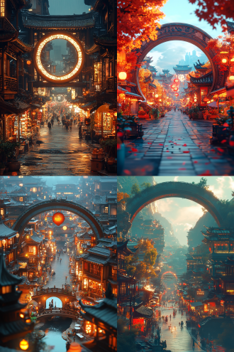 空心圆居中，中国建筑，繁忙街道，中央道路，两侧古店，节日庆典，暖光，3d建模，泡泡玛特风格，明亮色彩，皮克斯，迪士尼风格，behance，blender，3d渲染