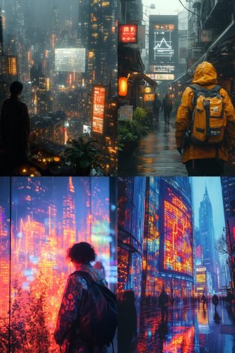 a city is functioning, there is a big screen in the middle of the city showing a rising line graph, there are plants, some people. high resolution, focus stacking reveals details