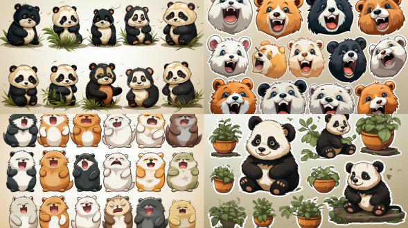 动漫熊猫贴纸组16，各种动作表情，动态动作序列，线条手绘，白色背景，清晰线条，简洁风格，平面设计，卡通化，活泼色彩，轻松氛围，静态展示，可爱形象。