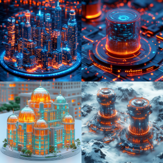 蓝色与橙色玻璃巨型城市，圆形基座，悬浮，科技灯光，米粒纹理环绕，网格结构，半透明，蓝色，磨砂玻璃，光泽，白色背景，等距视角，工作室灯光，科技风，c4d，3d，blender，dribbble，pinterest，8k高清。