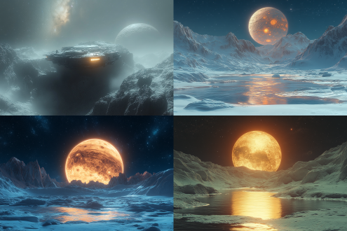 太空探测器登陆木卫二，巨大木星悬空，银河璀璨，低角度仰拍，极简风格，冷色调，长焦镜头，柔和侧光，静谧，神秘，科技感。