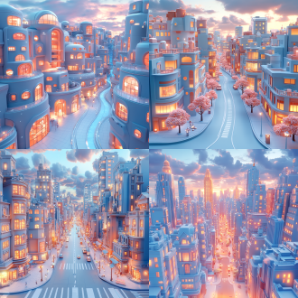 3d卡通皮克斯风格城市，高楼林立宽阔街道，现代化建筑错落，鸟瞰视角，鲜艳色彩，柔和光线，平静。 汇聚线构图 宽景 对角线构图