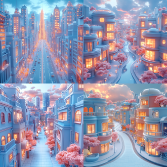 3d卡通皮克斯风格城市，高楼林立宽阔街道，现代化建筑，中心构图，冷色调，全景镜头，顺光，宁静。 汇聚线构图 宽景 对角线构图