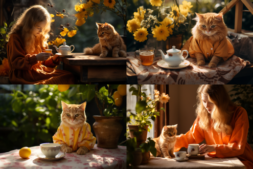 小橘猫茶壶茶杯在方形托盘上，木桌置于花园，女孩在旁，中心构图，可爱风格，暖色系，标准镜头，自然光，柔和阴影，静止，温馨。